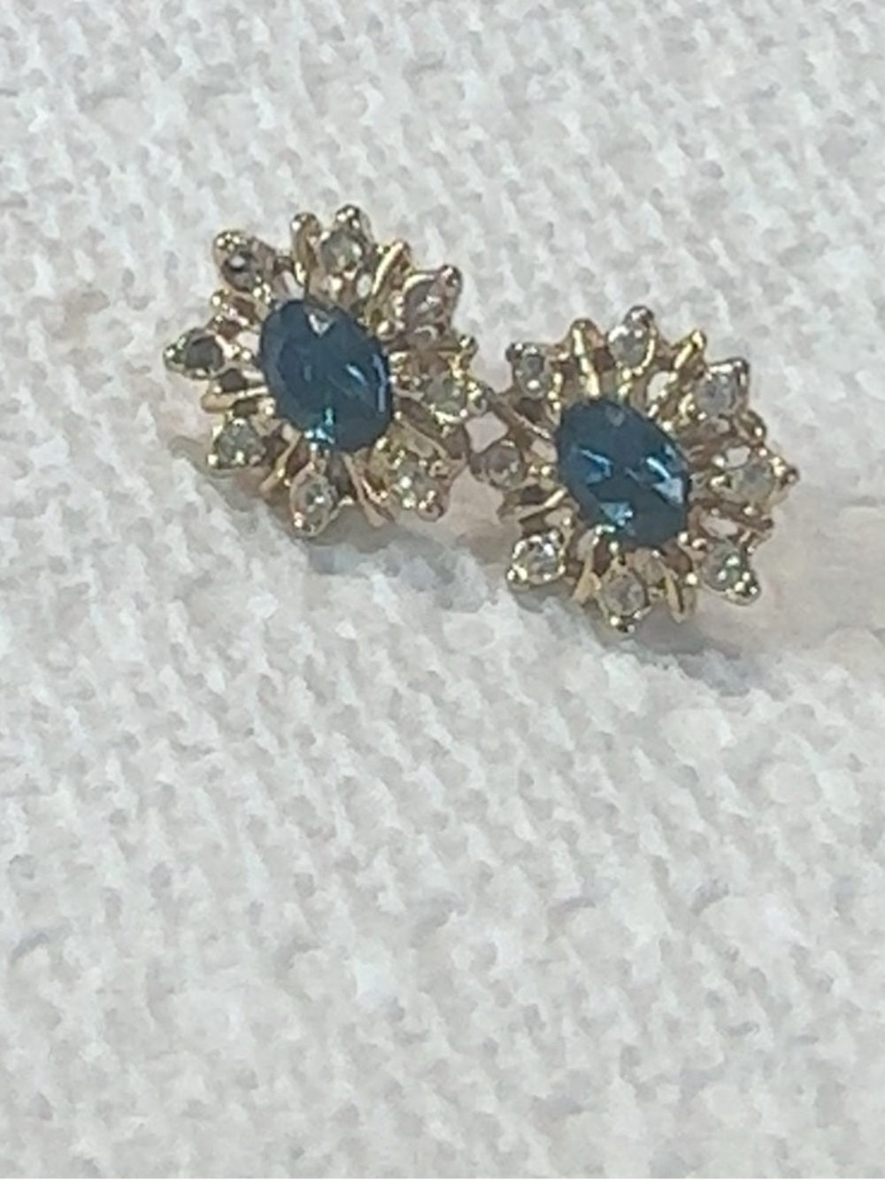 Gold Floral Crystal Stud Earrings with Blue Center